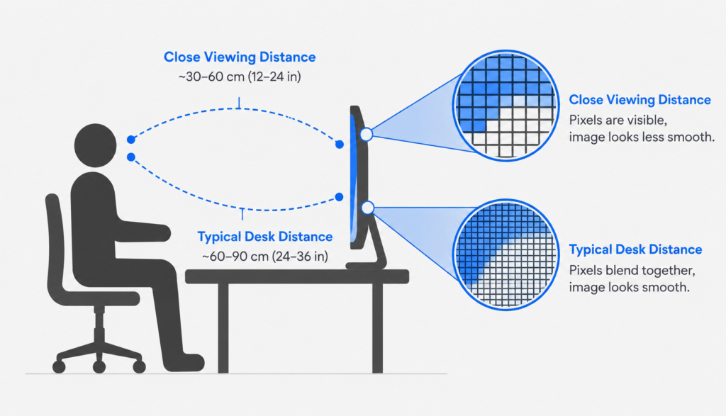 Illustration showing how viewing distance affects perceived pixel density on a monitor