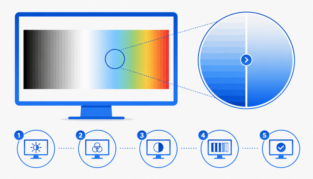 Step-by-step infographic for testing monitor color gradients and banding