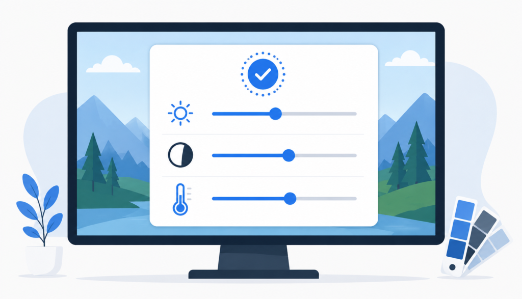 Infographic showing monitor calibration adjustments for color temperature and brightness