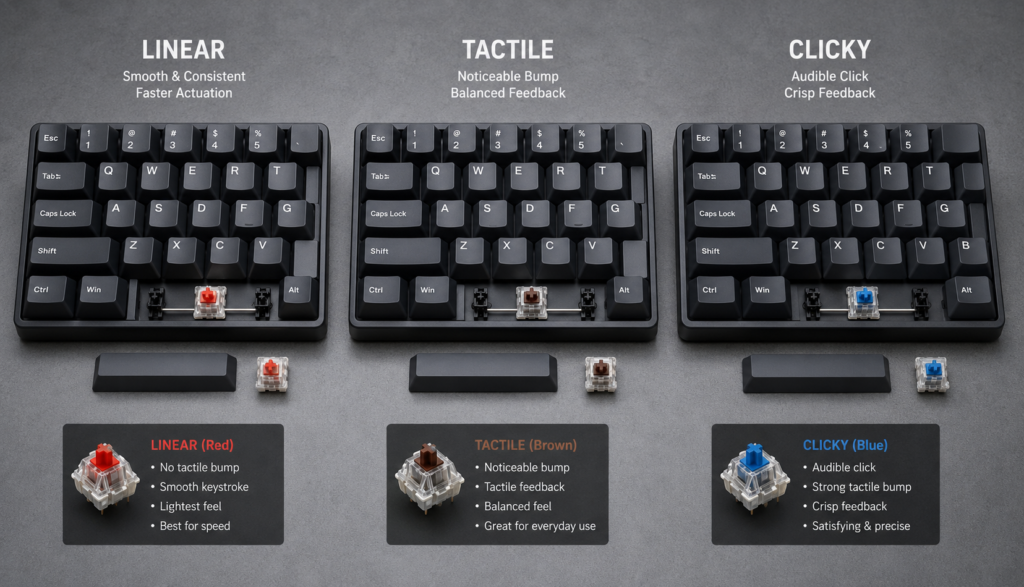 Three mechanical keyboards with linear, tactile, and clicky switches arranged for comparison.