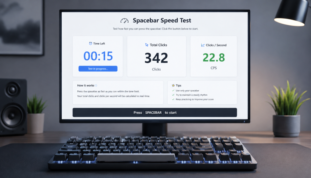 Monitor displaying spacebar speed test interface with gaming keyboard positioned below.