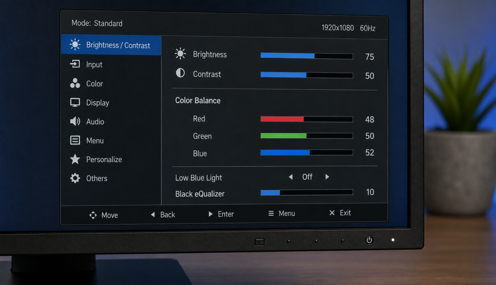 Close-up of monitor OSD menu showing brightness, contrast, and color balance adjustment sliders.