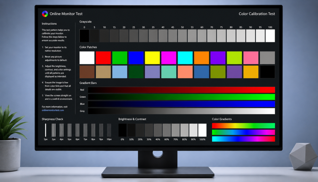 Monitor displaying online calibration test pattern with grey boxes and color test squares.