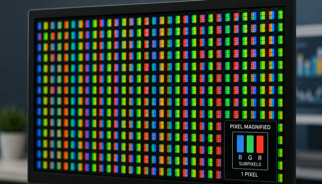 Close-up of monitor displaying magnified pixel grid showing individual RGB subpixels.