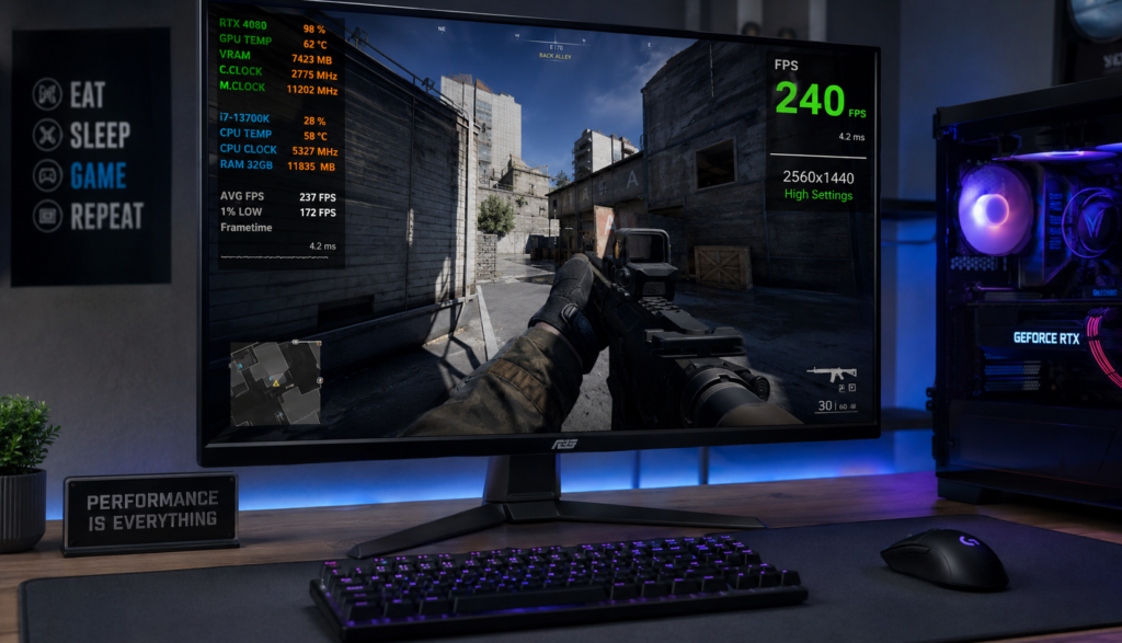 Gaming monitor displaying FPS counter and high-performance gaming visuals on screen.