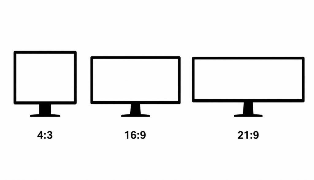 Three monitor silhouettes comparing 4:3, 16:9, and 21:9 aspect ratio shapes side-by-side.