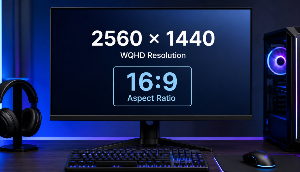 Gaming monitor displaying 2560 × 1440 resolution with 16:9 aspect ratio label on screen.