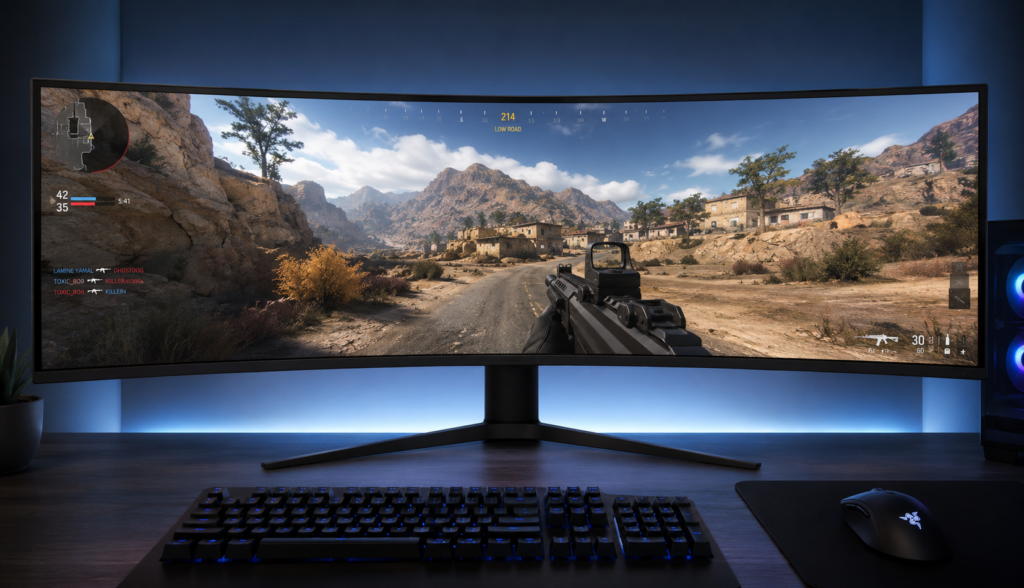 Ultrawide 21:9 aspect ratio gaming monitor displaying FPS game with extended peripheral fieldof view.