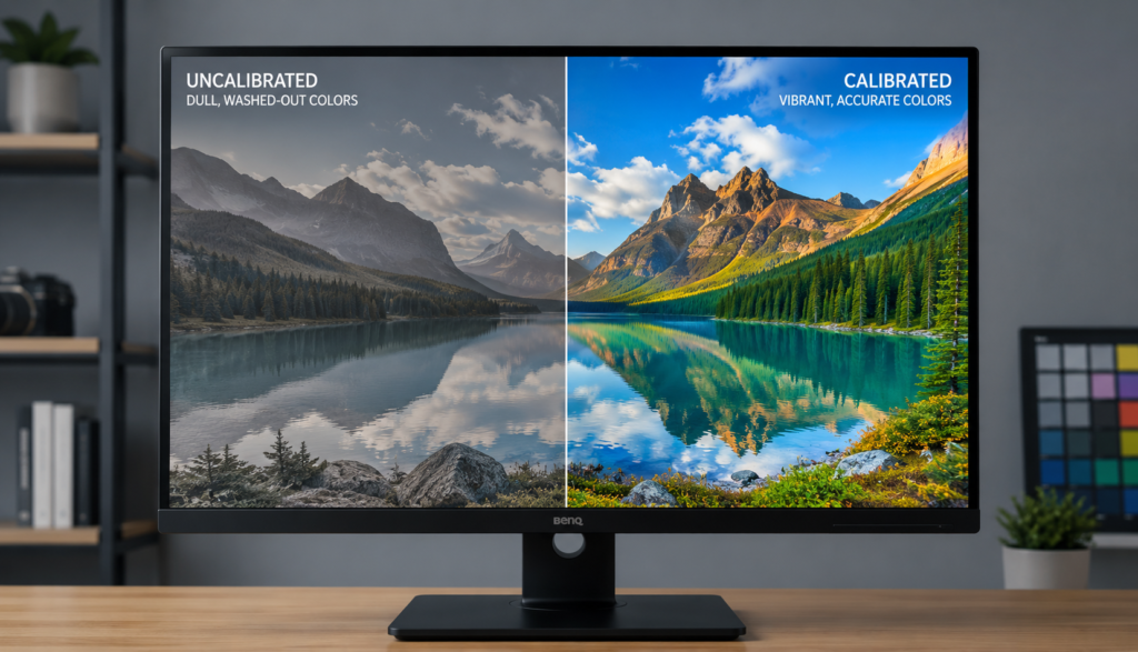 Split-screen monitor comparison showing uncalibrated dull colors versus properly calibrated vibrant colors.