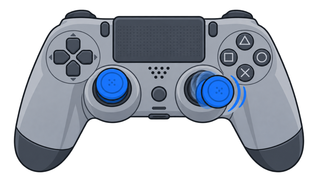 Flat vector illustration of a game controller with one analog stick showing a motion trail indicating drift