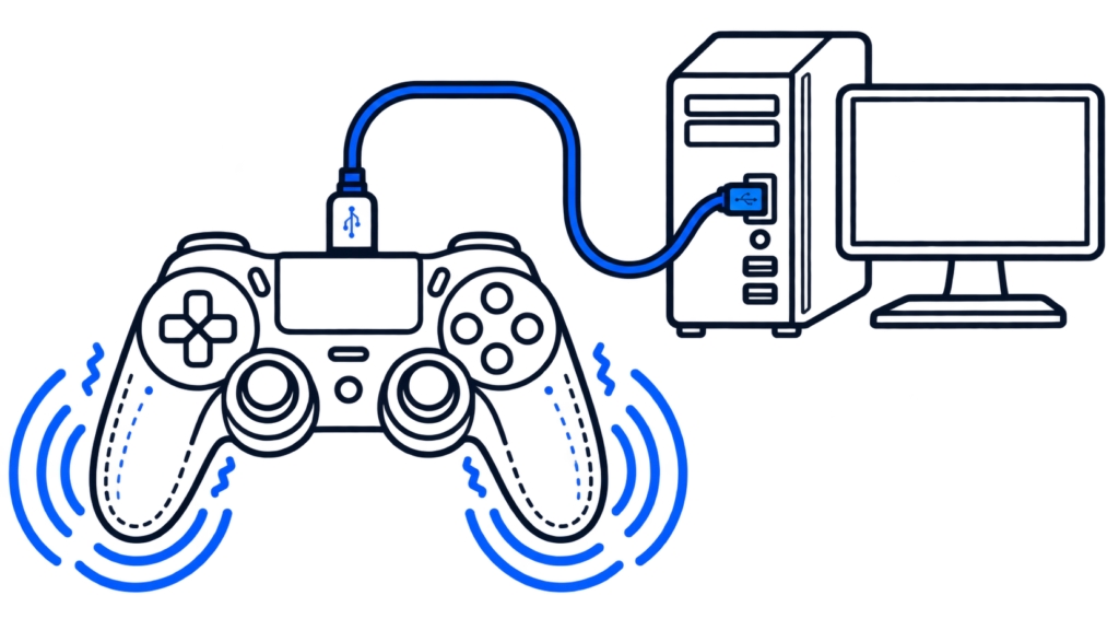 Flat vector illustration of a game controller connected to a PC showing vibration wave lines