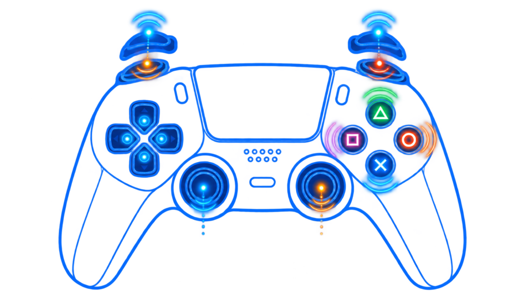 Flat vector illustration of a game controller with signal-response points highlighted on its buttons
