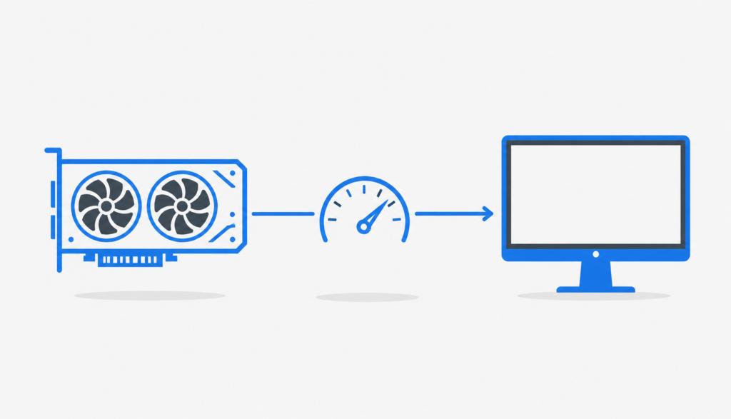 Flat vector illustration of a graphics card powering a gaming monitor with a performance gauge