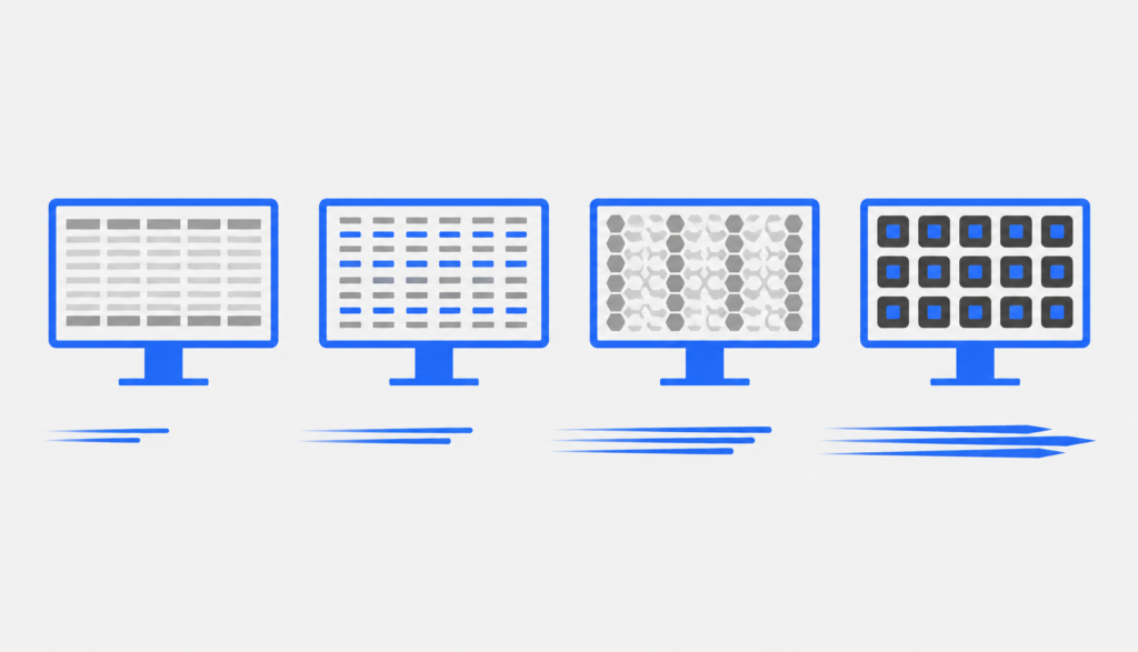 Comparison illustration of TN, IPS, VA, and OLED monitor panel types and their motion clarity