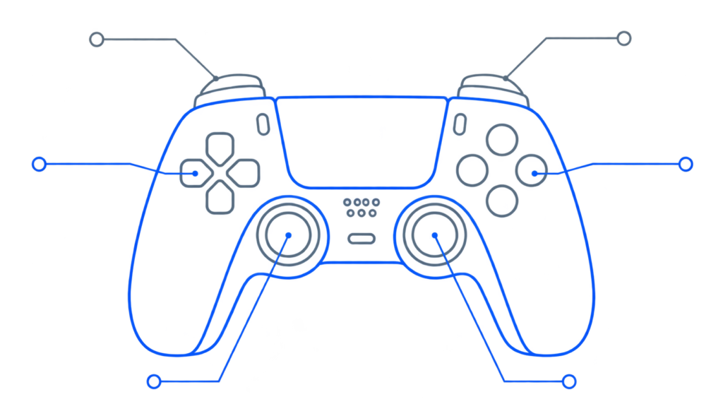 Flat vector diagram of a gaming controller highlighting analog sticks, face buttons, and triggers