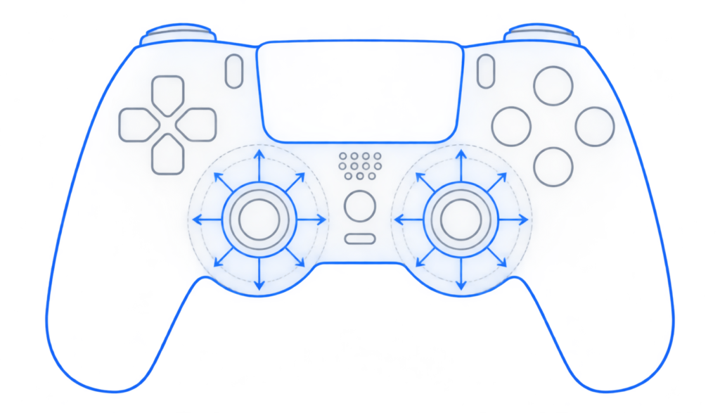Flat vector diagram of a controller's analog sticks showing sensitivity range with directional arrows.