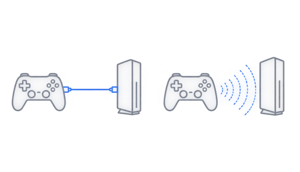 Diagram comparing a wired controller connection versus a wireless signal connection to a console