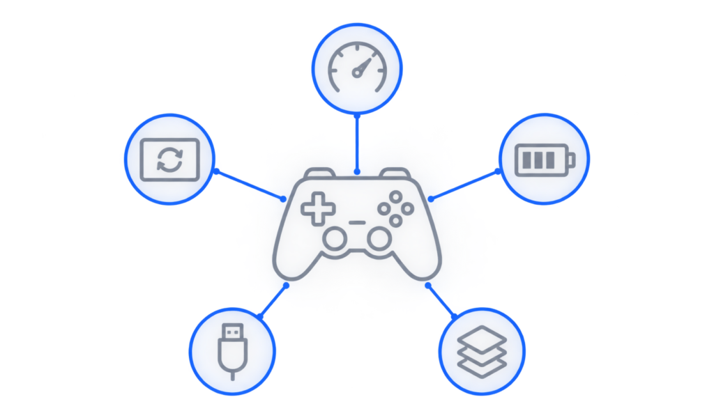 Icons representing five factors that influence controller input latency beyond connection type