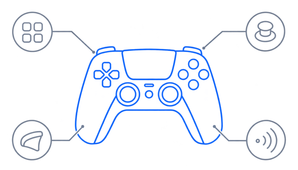 Flat vector illustration of a game controller with test points highlighted on buttons, sticks, triggers, and latency