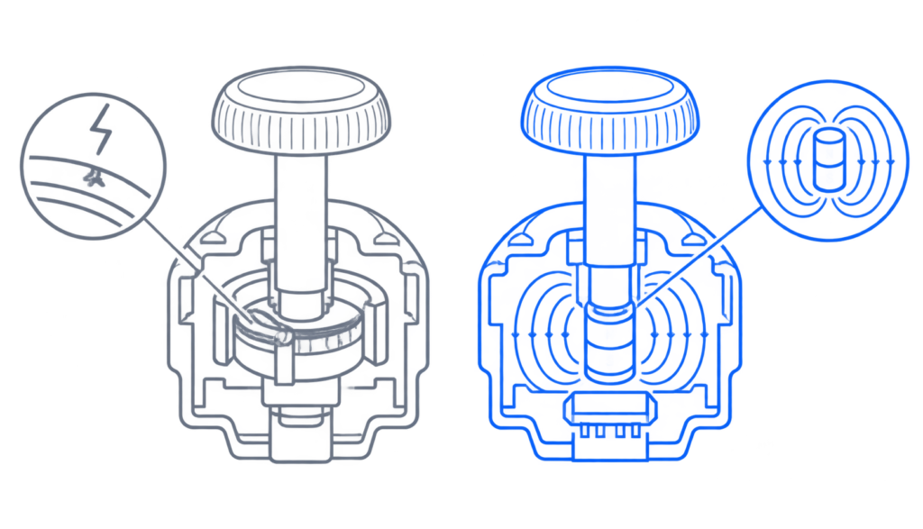 Diagram comparing traditional potentiometer thumbsticks to Hall effect thumbsticks in gaming controllers