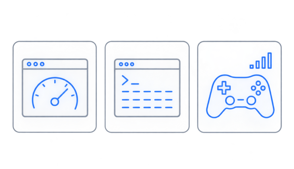 Three methods for testing network latency: a browser-based tool, a command-line ping, and an in-game latency display.