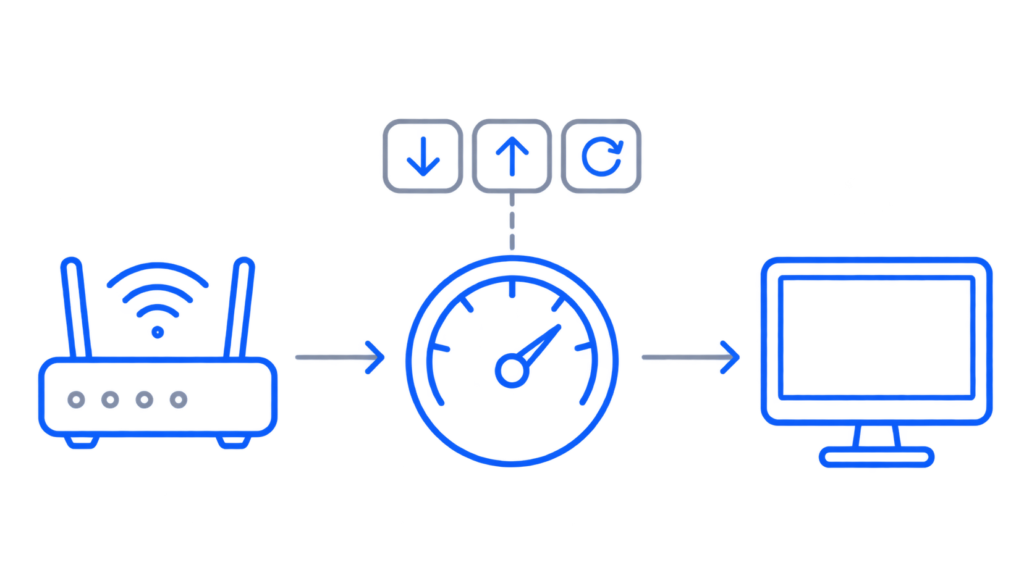 Diagram showing the flow of an internet speed test measuring download speed, upload speed, and ping between a router and a device.