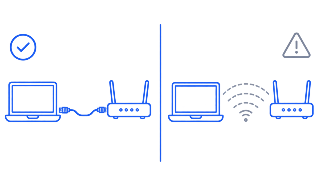Side-by-side comparison of Ethernet and Wi-Fi connections for internet speed testing, showing Ethernet as the more accurate option.