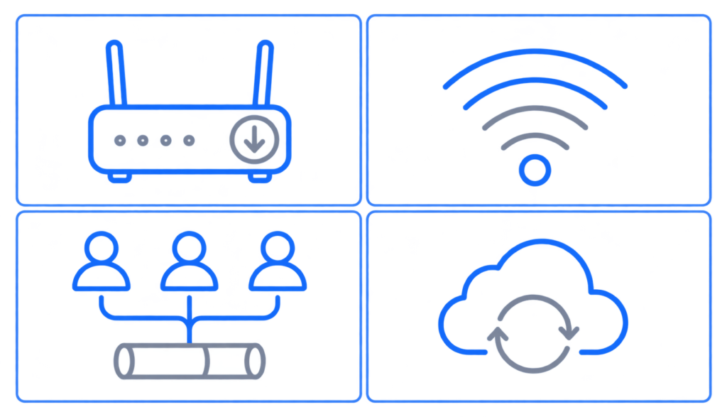Four illustrated causes of low internet speed test results — router limitations, weak Wi-Fi signal, network congestion, and background applications.