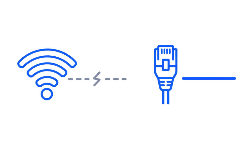 Comparison illustration of unstable WiFi connection versus stable wired Ethernet connection for reducing packet loss
