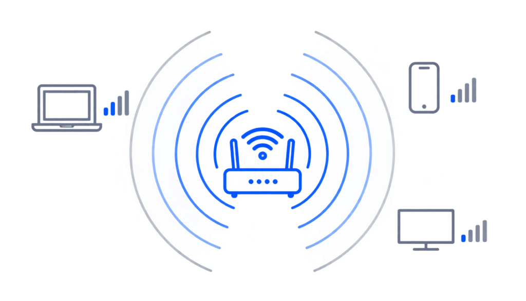 Flat vector illustration of a router emitting signal waves that weaken with distance to nearby devices