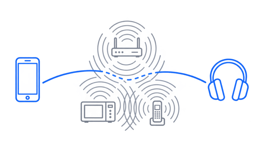 Illustration of a phone and headphones with a weakened Bluetooth signal disrupted by overlapping wireless waves from a router, microwave and cordless phone.