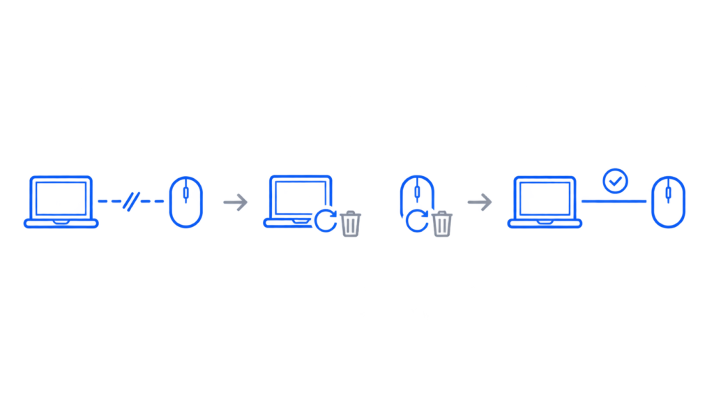 Three-step diagram showing a broken Bluetooth link, the pairing record being cleared on both devices, and a restored connection.