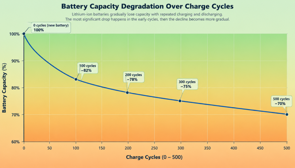 Graph showing how gaming device battery capacity degrades from 100% to 70% over 500 charge cycles, with steepest decline in early cycles.