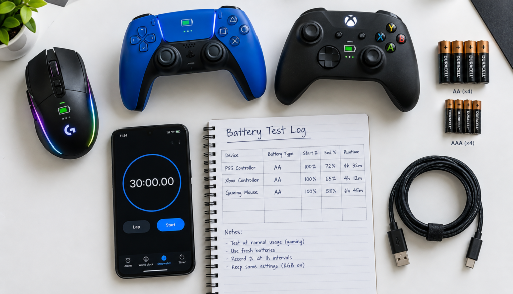 Flat-lay setup showing gaming devices (mouse, PlayStation and Xbox controllers), batteries, timer, and testing log for measuring battery life.