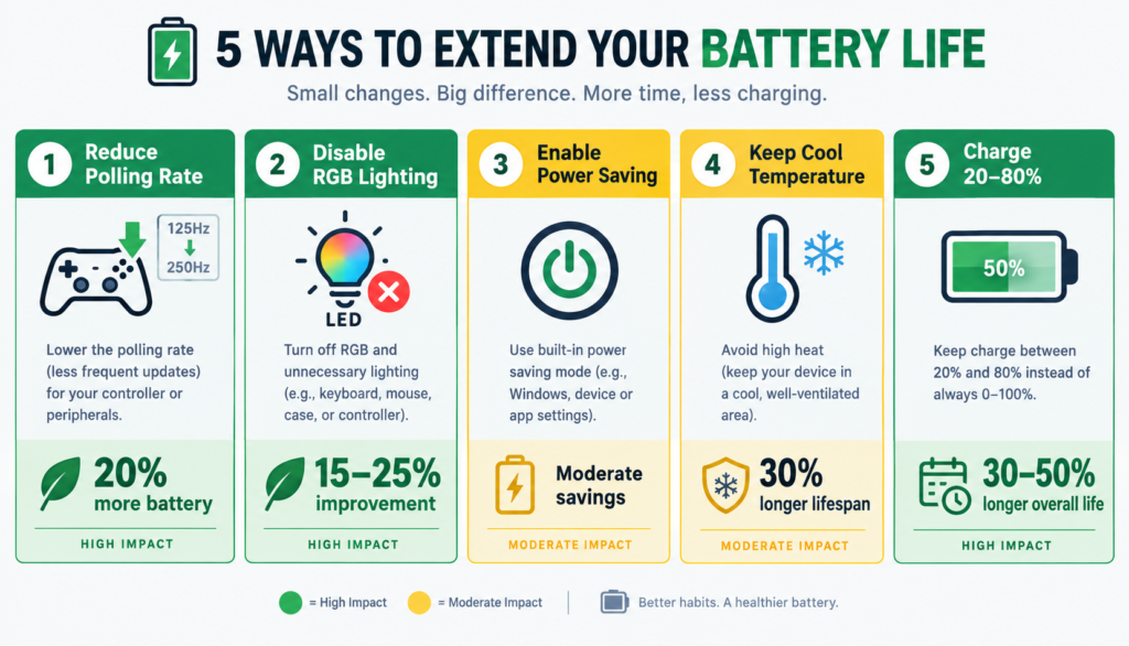 Infographic comparing five battery extension strategies for gaming devices, showing estimated battery life improvements for each method.