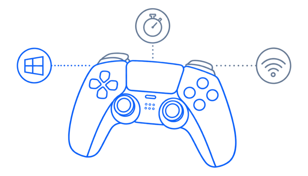 Flat vector illustration of a gaming controller with icons representing PC compatibility, latency, and wireless connection