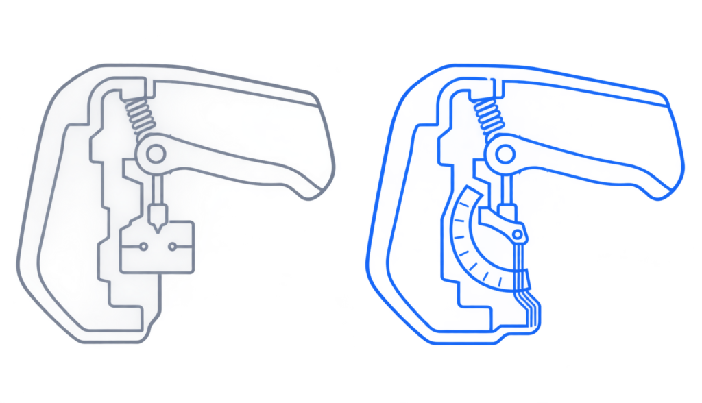 Cross-section diagram comparing a mechanical switch-based trigger and an analog sensor-based trigger