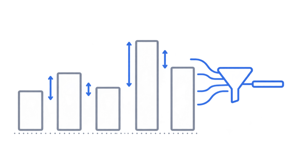 Diagram showing five consecutive ping results, the differences between them, and how those differences combine into a single jitter value.