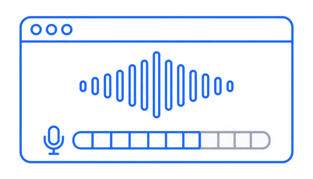 Browser-based microphone test showing a live waveform and a segmented input level meter.