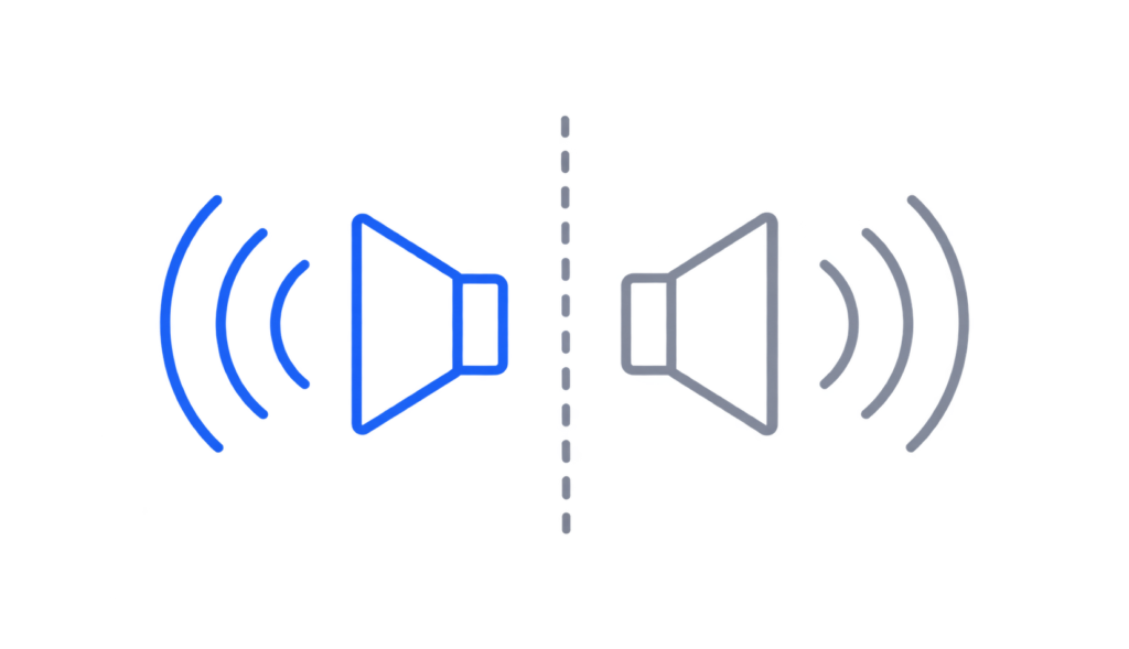 Stereo speaker pair diagram showing left and right channel separation with a center dividing line