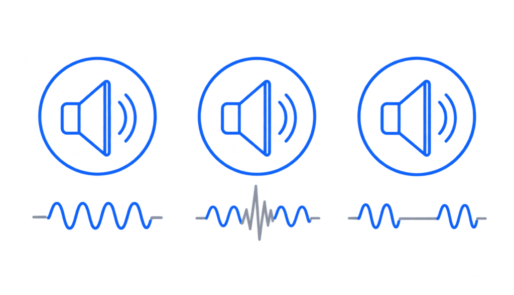 Diagram showing three speaker output states — clean audio, distortion, and frequency dropout