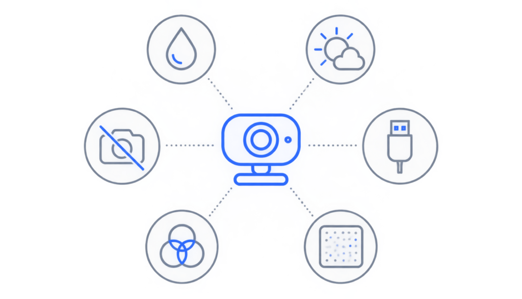Outlined webcam icon surrounded by six small icons representing common webcam problems such as blur, poor lighting, USB issues, grain, wrong colors, and no detection.