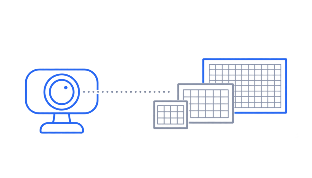 Outlined webcam icon beside three nested rectangles with increasingly fine pixel grids, illustrating webcam resolution levels.