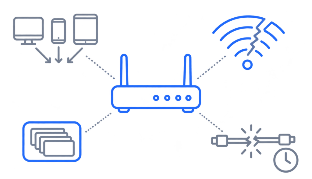 Illustration of the main causes of network jitter around a router, including congestion, Wi-Fi interference, a full buffer, and faulty hardware.